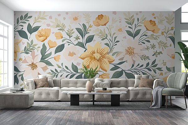 Bloemmotief met gele bloemen en groene bladeren Bloemmotief met gele bloemen en groene bladeren