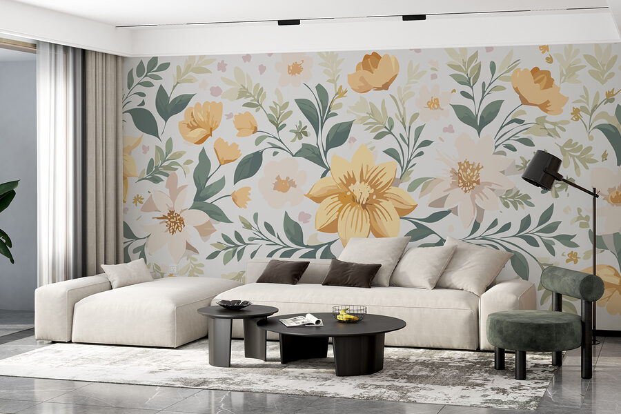 Bloemmotief met gele bloemen en groene bladeren Bloemmotief met gele bloemen en groene bladeren