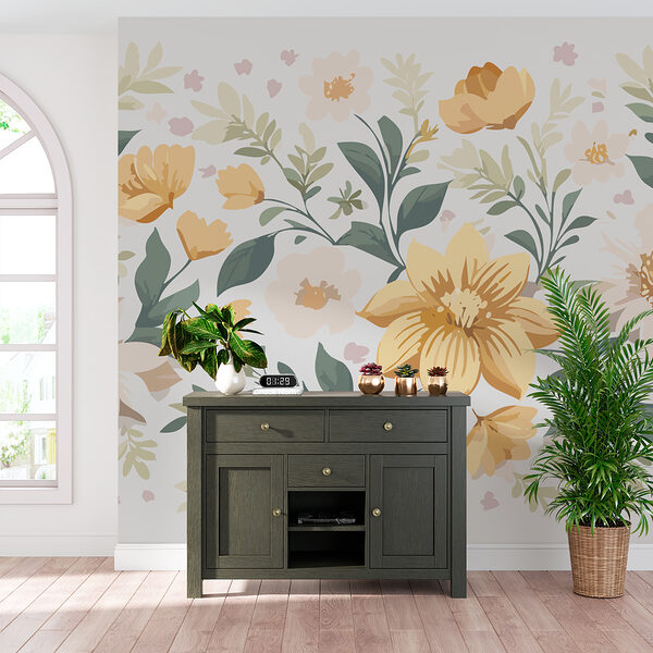 Bloemmotief met gele bloemen en groene bladeren Bloemmotief met gele bloemen en groene bladeren