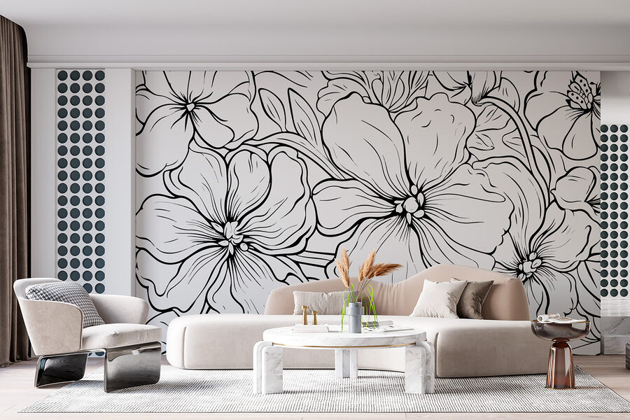 Zwart-wit tekening van bloemen