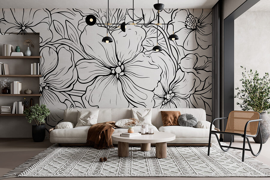 Zwart-wit tekening van bloemen