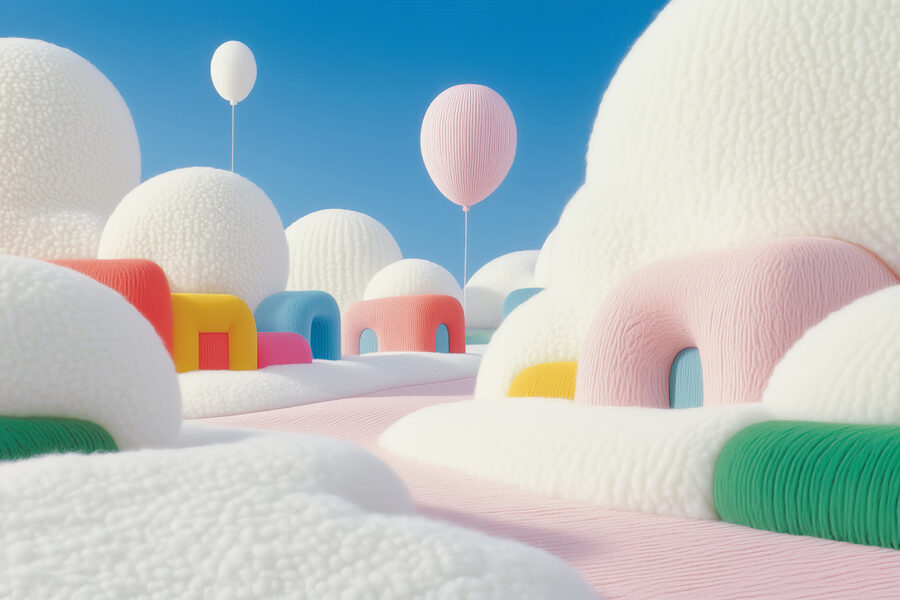 Landschap met ballonnen en gebouwen Landschap met ballonnen en gebouwen