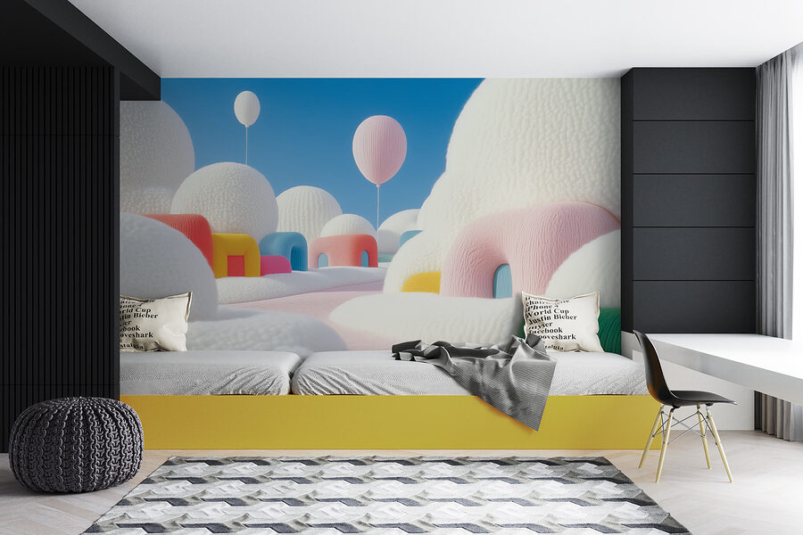 Landschap met ballonnen en gebouwen Landschap met ballonnen en gebouwen