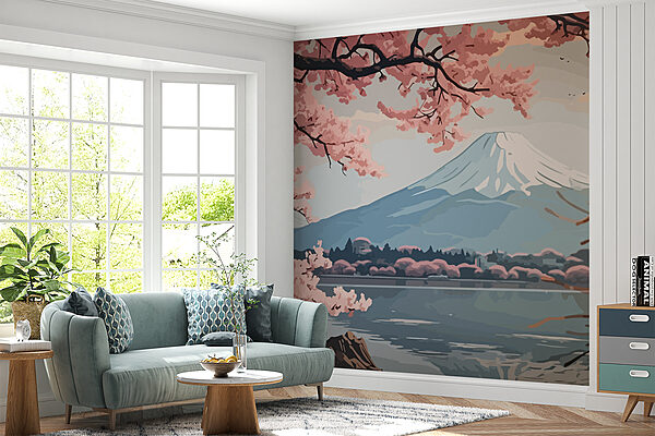 Berg met roze bloemen Fotobehang Berg met roze bloemen