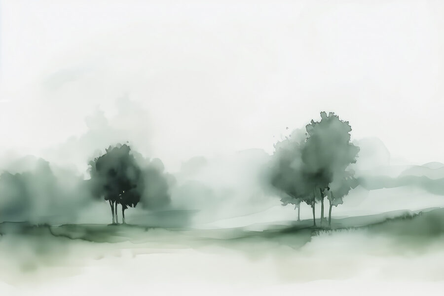 Groep bomen in een mistig landschap