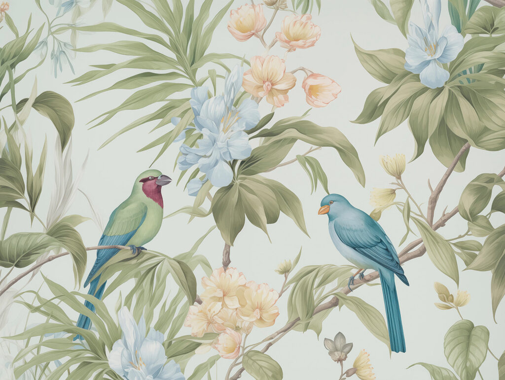 Behang met vogels en bloemen Behang met vogels en bloemen