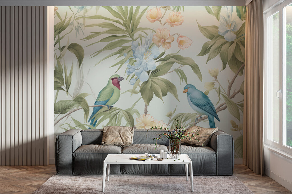 Wallpaper with birds and flowers