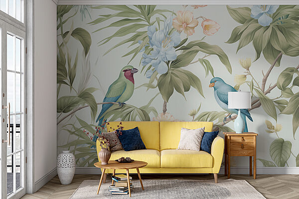 Behang met vogels en bloemen Behang met vogels en bloemen