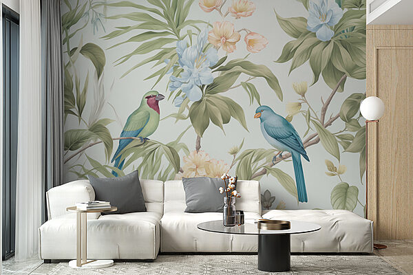 Behang met vogels en bloemen Behang met vogels en bloemen
