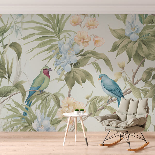 Behang met vogels en bloemen Behang met vogels en bloemen