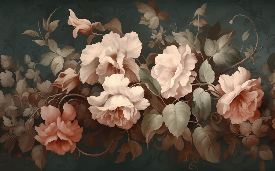 Schilderij van bloemen op een donkere achtergrond Schilderij van bloemen op een donkere achtergrond