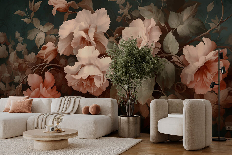 Schilderij van bloemen op een donkere achtergrond Schilderij van bloemen op een donkere achtergrond