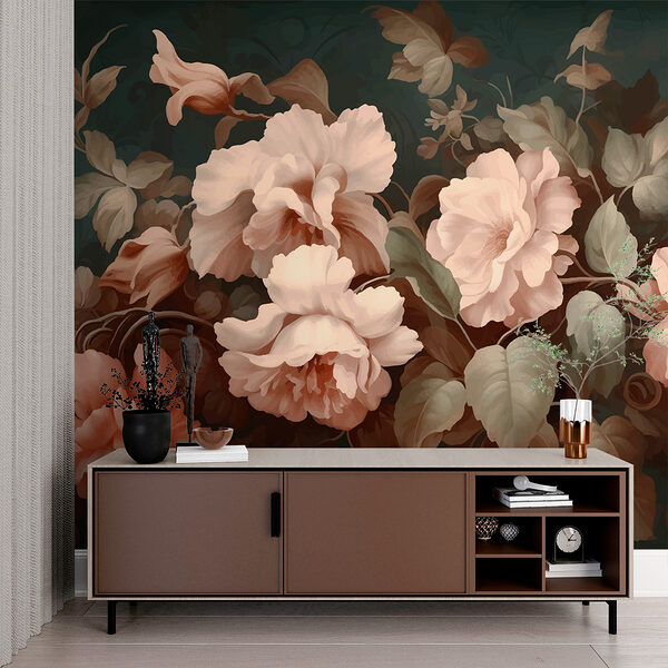 Schilderij van bloemen op een donkere achtergrond Schilderij van bloemen op een donkere achtergrond