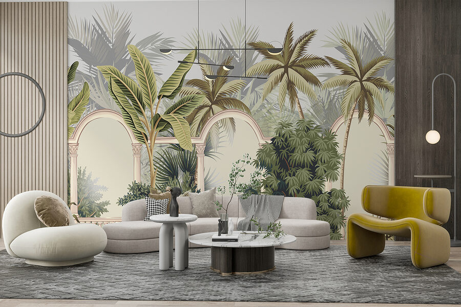 Behang met palmbomen en bogen