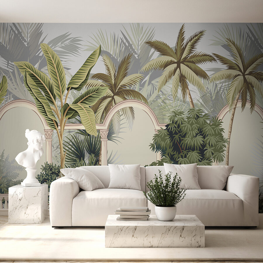 Behang met palmbomen en bogen