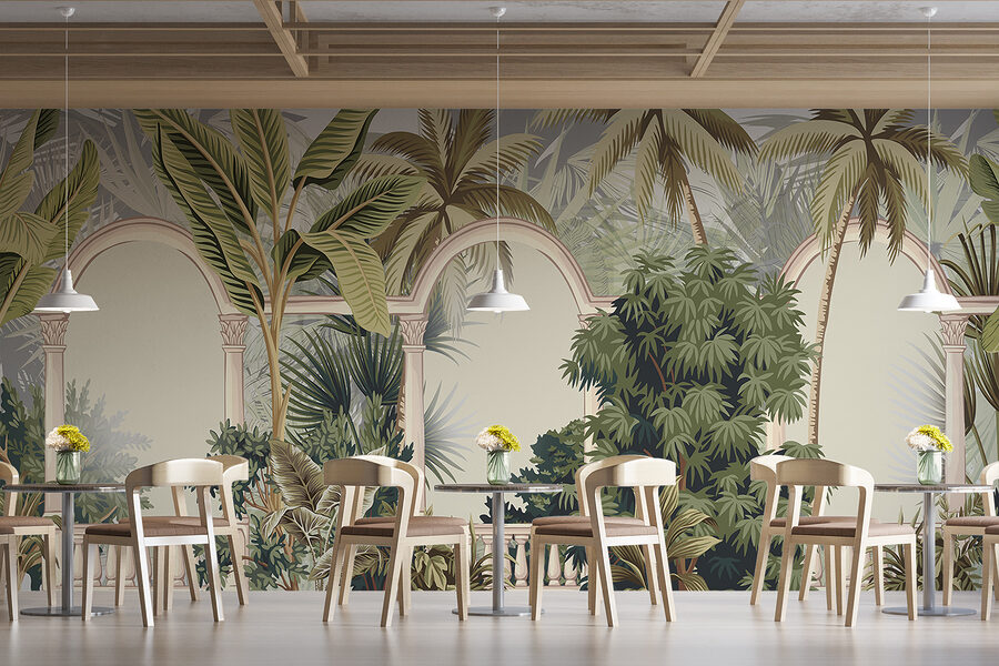 Behang met palmbomen en bogen