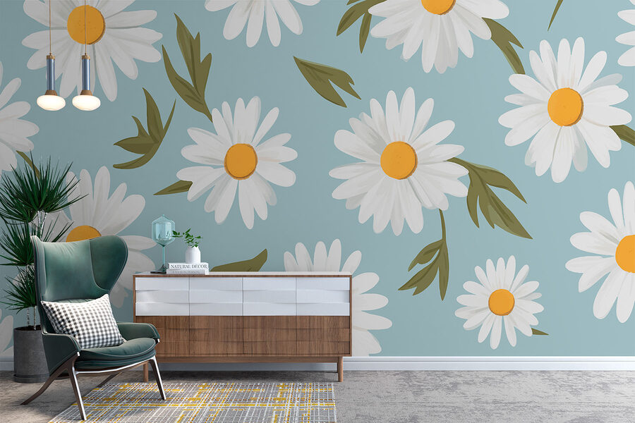 Patroon van witte bloemen en groene bladeren Patroon van witte bloemen en groene bladeren