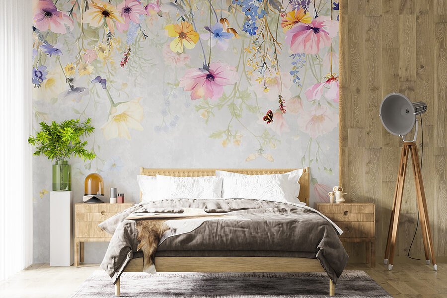 Schilderij van bloemen en vlinders