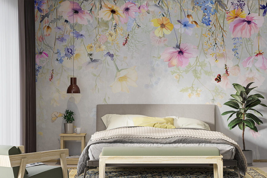 Schilderij van bloemen en vlinders