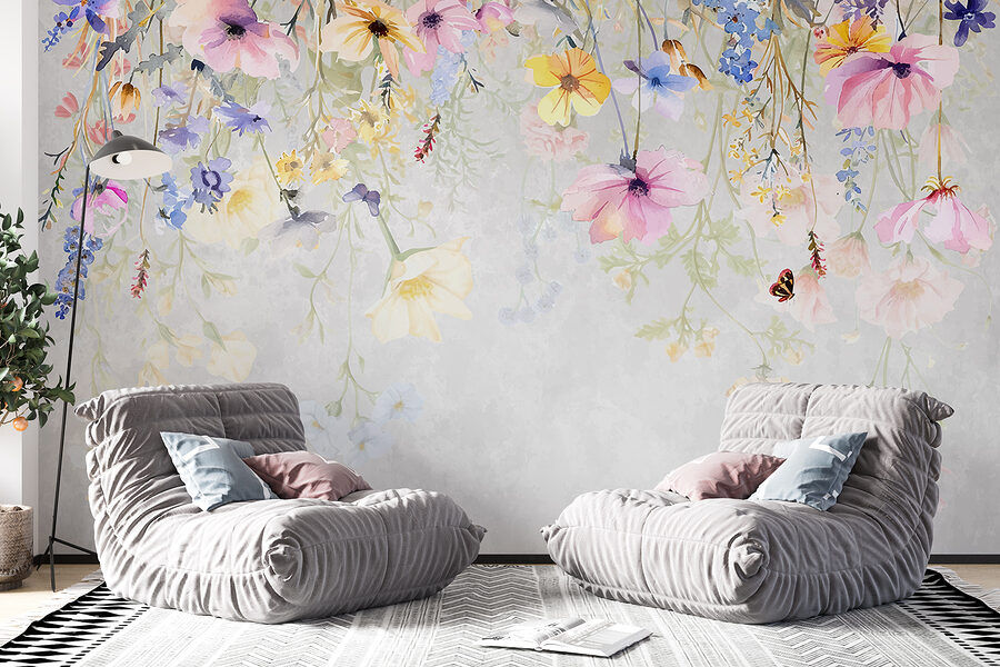 Schilderij van bloemen en vlinders
