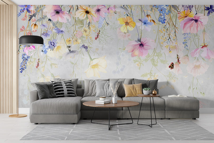 Schilderij van bloemen en vlinders
