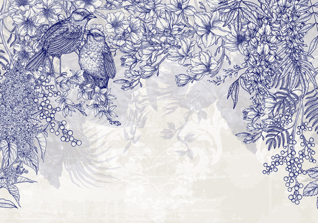 Blauw-witte tekening van vogels en bloemen Blauw-witte tekening van vogels en bloemen