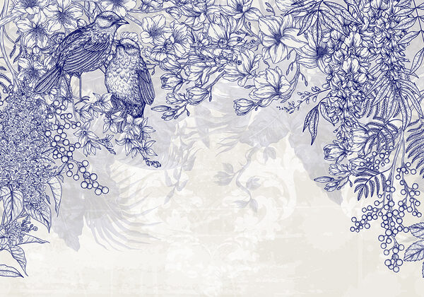 Blauw-witte tekening van vogels en bloemen Blauw-witte tekening van vogels en bloemen