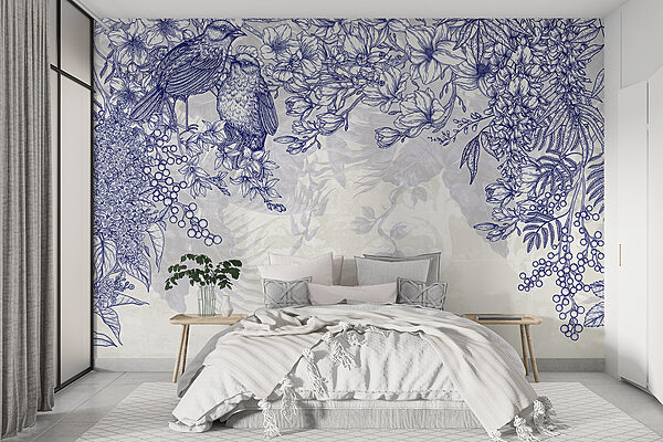 Blauw-witte tekening van vogels en bloemen Blauw-witte tekening van vogels en bloemen