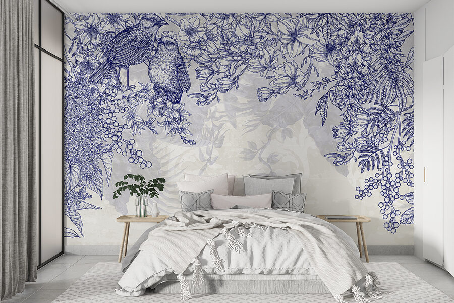 Blauw-witte tekening van vogels en bloemen