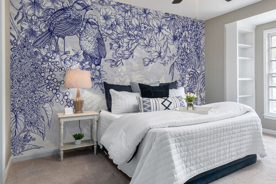 Blauw-witte tekening van vogels en bloemen