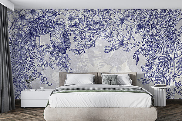 Blauw-witte tekening van vogels en bloemen Blauw-witte tekening van vogels en bloemen