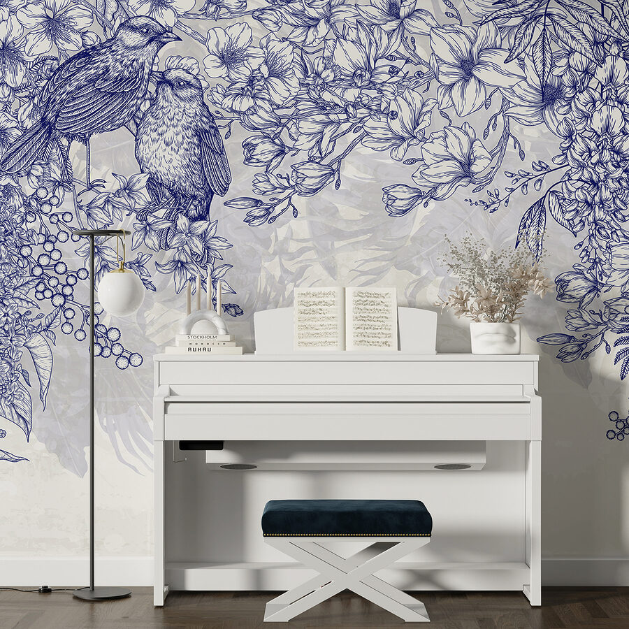Blauw-witte tekening van vogels en bloemen