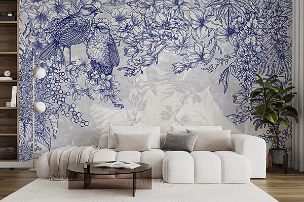 Blauw-witte tekening van vogels en bloemen Blauw-witte tekening van vogels en bloemen