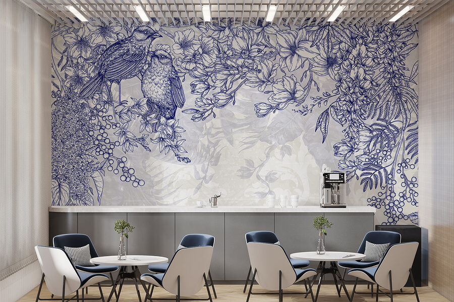 Blauw-witte tekening van vogels en bloemen