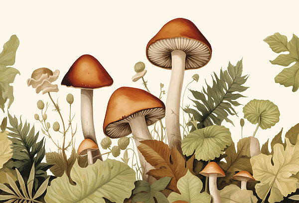 Groep paddenstoelen met bladeren Groep paddenstoelen met bladeren