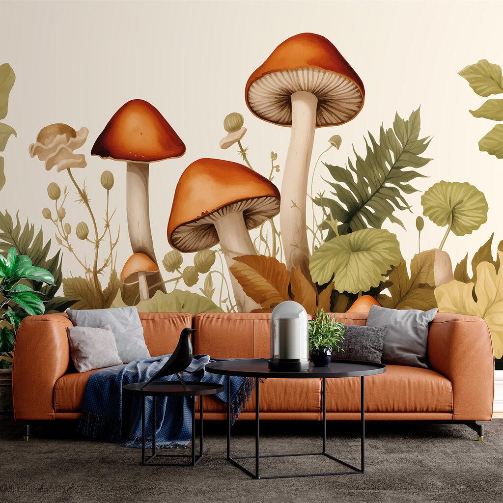 Group of mushrooms with leaves Group of mushrooms with leaves