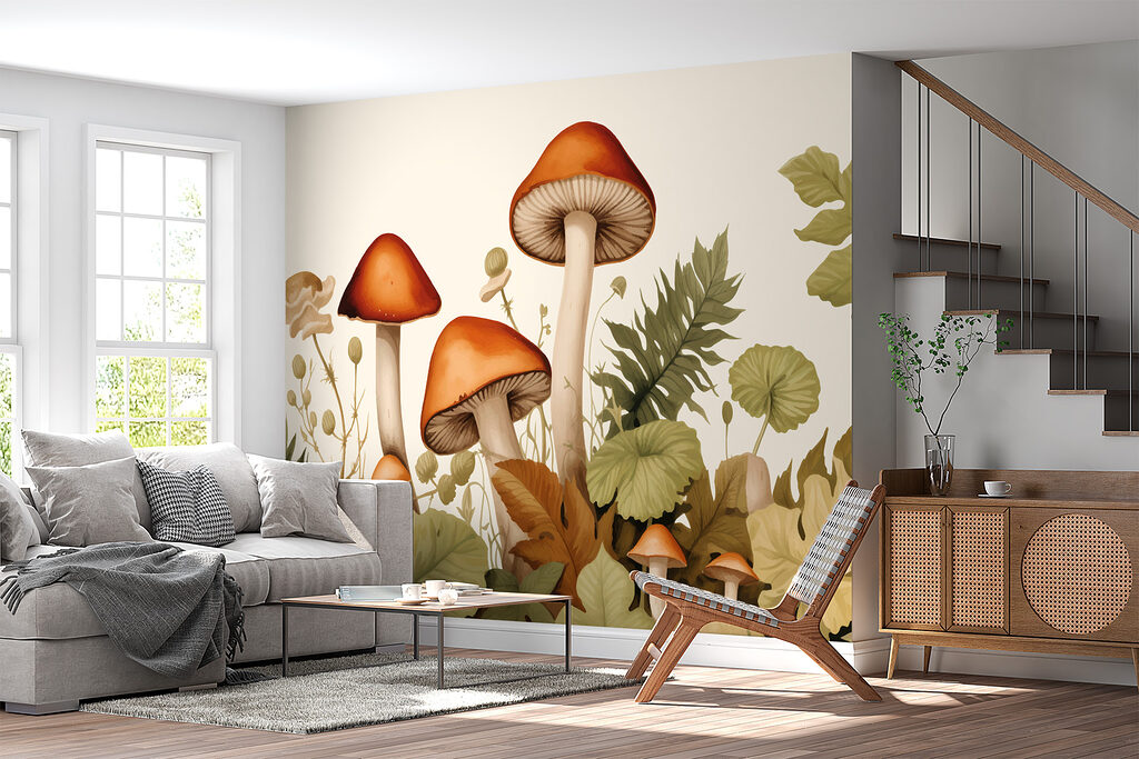 Group of mushrooms with leaves Group of mushrooms with leaves