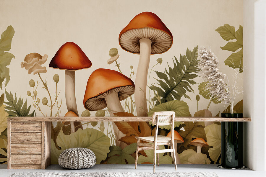 Groep paddenstoelen met bladeren
