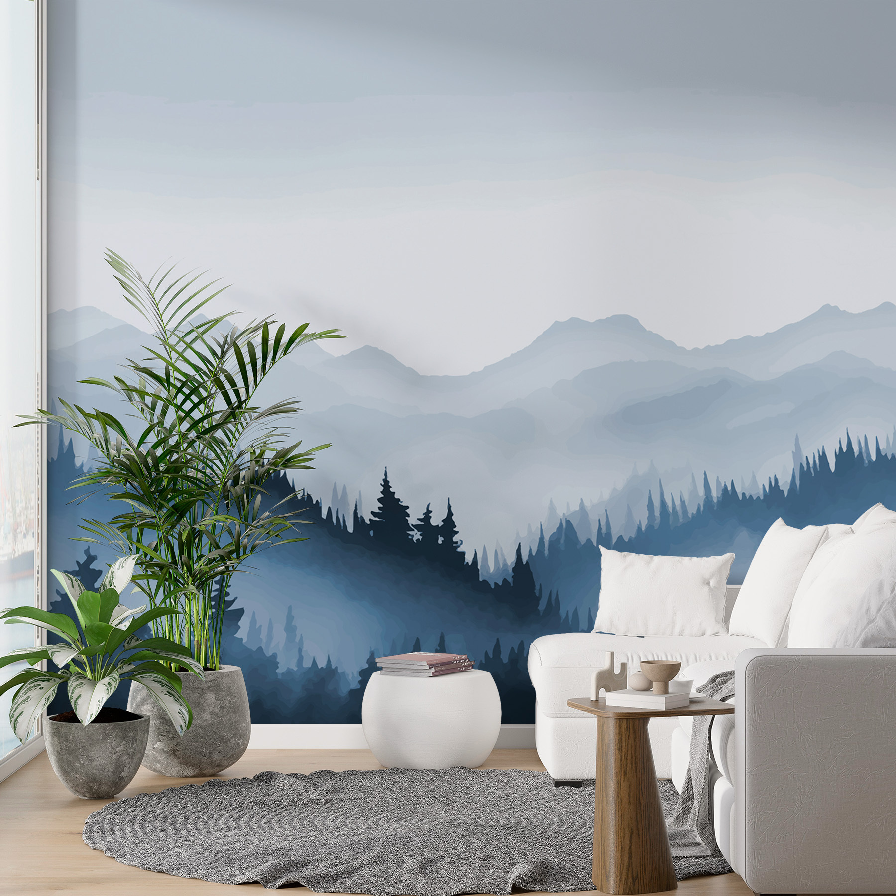 Foggy mountain landscape with trees and mountains