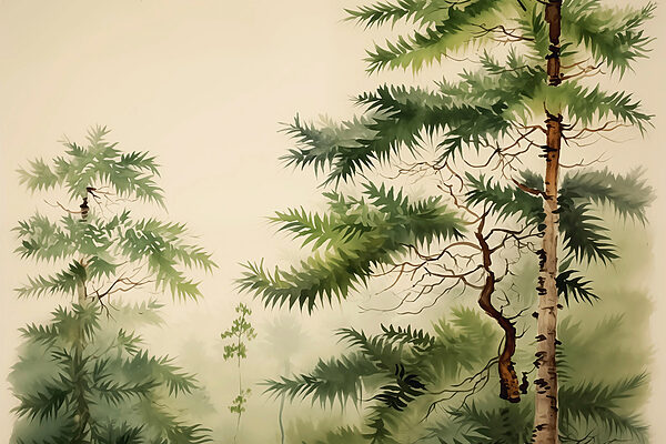 Schilderij van bomen en mist Schilderij van bomen en mist