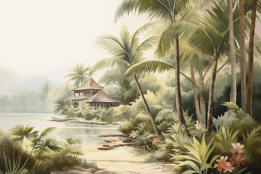 Aquarel van een huis en palmbomen Aquarel van een huis en palmbomen