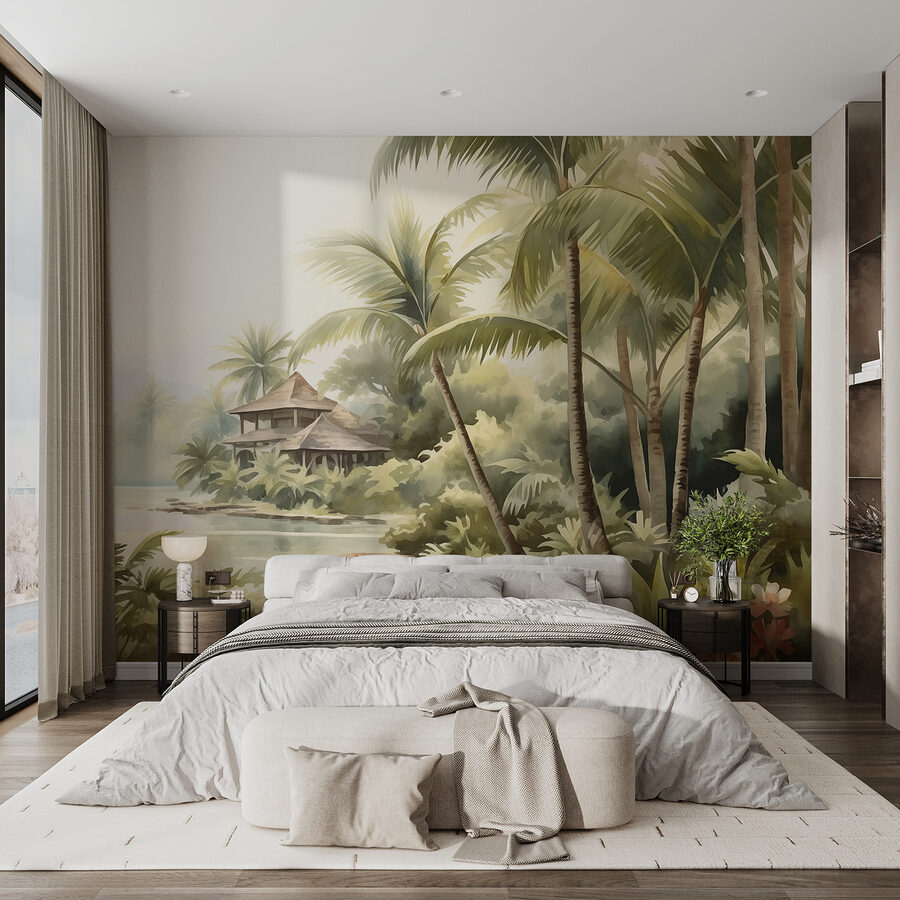 Aquarel van een huis en palmbomen Aquarel van een huis en palmbomen