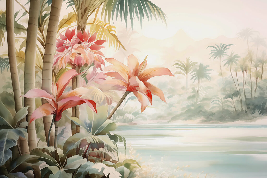 Schilderij van bloemen en palmbomen Schilderij van bloemen en palmbomen