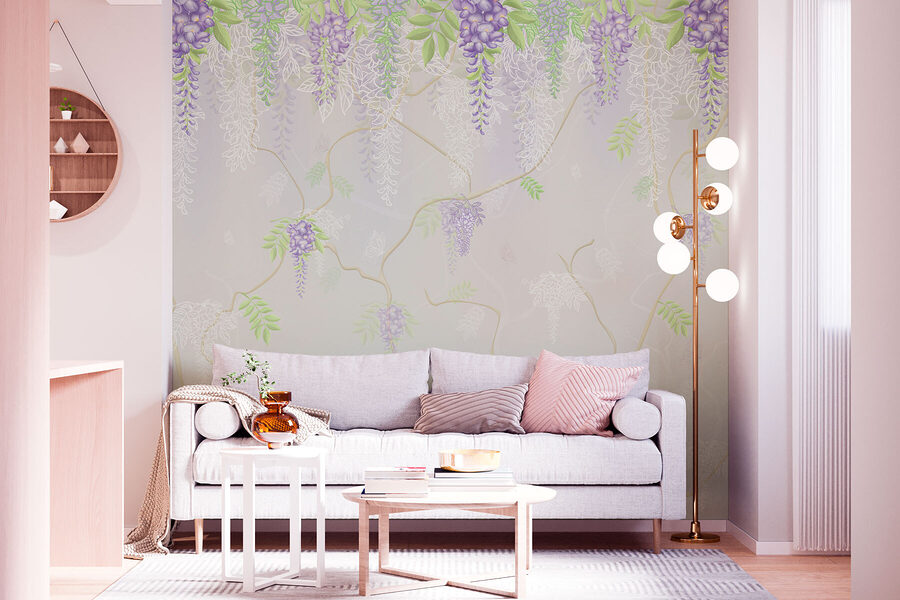 Behang met paarse bloemen