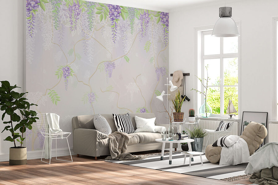 Behang met paarse bloemen