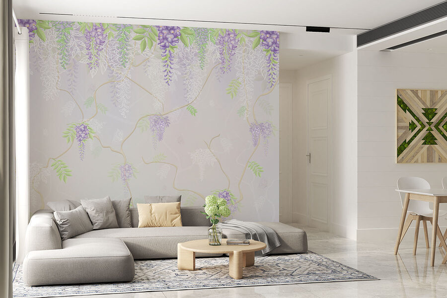 Behang met paarse bloemen