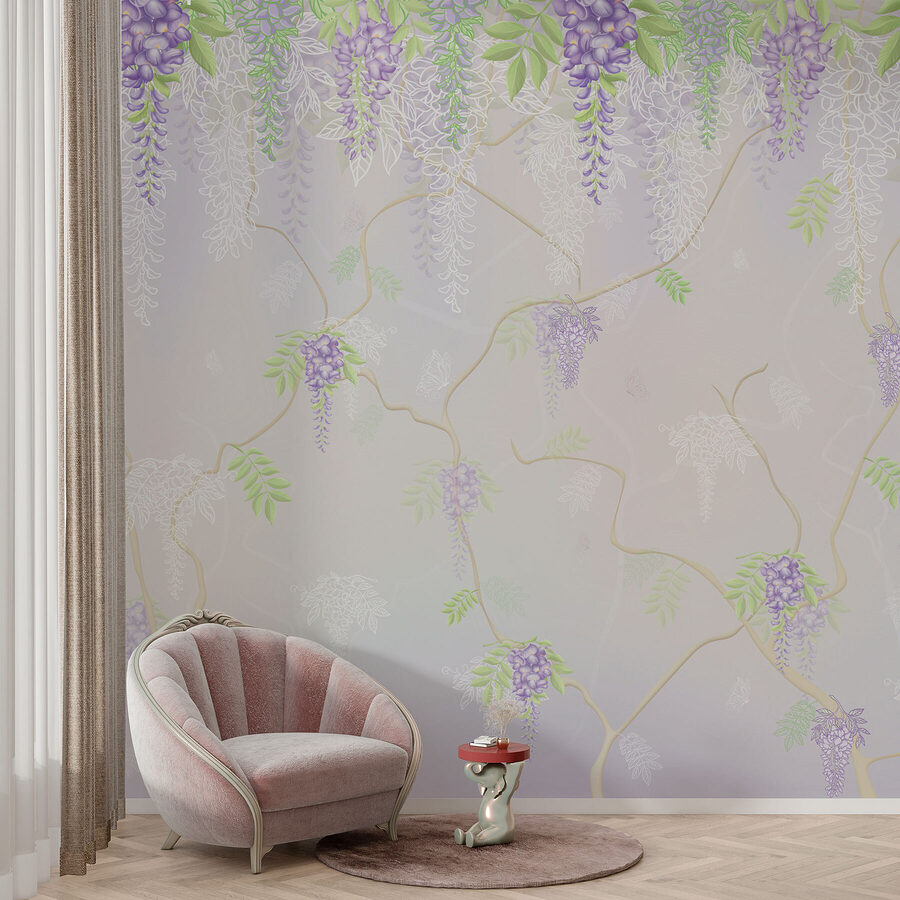 Behang met paarse bloemen