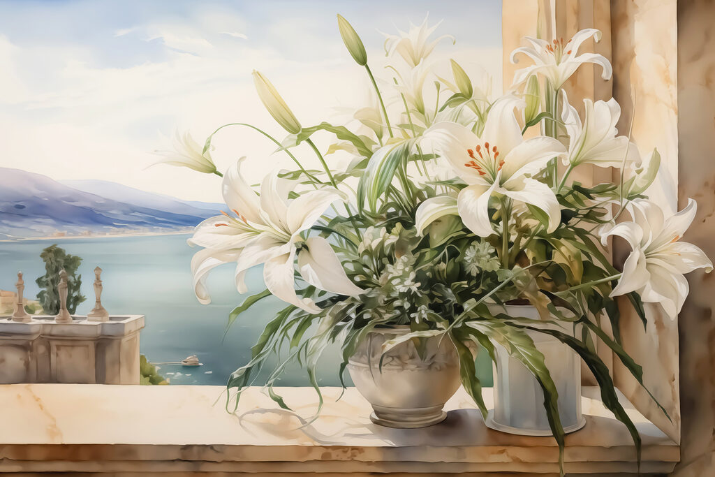 Painting of a white flower pot with white flowers