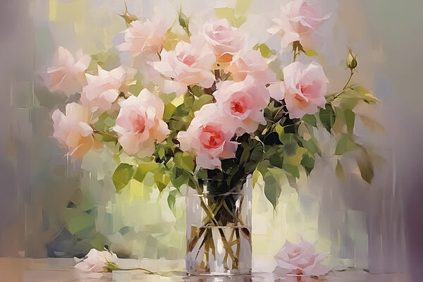 Boeket roze rozen in een glazen vaas Boeket roze rozen in een glazen vaas