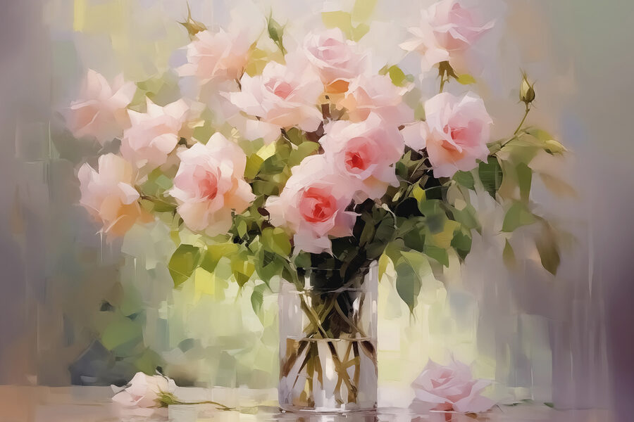 Boeket roze rozen in een glazen vaas